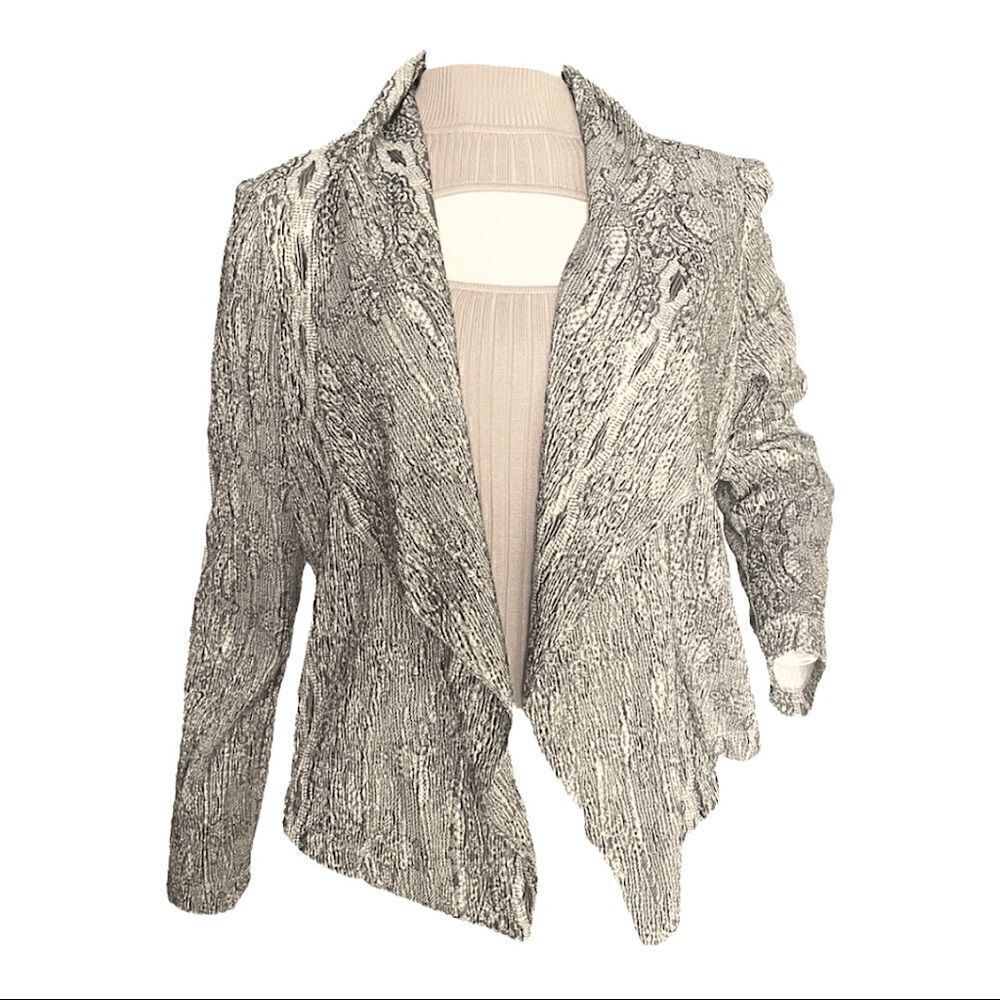 CHICO'S Metallic Silver Jacket Open Front Blazer Boucle Blouse Top Women 0